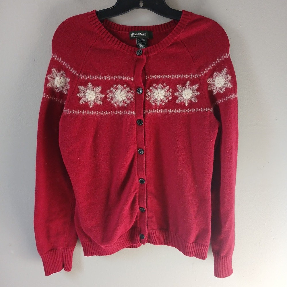 Eddie Bauer Women's Size Medium Tall Button Up Sweater Cardigan Embroidered Wool